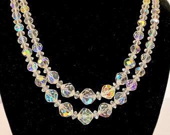 Vintage Crystal Beaded Necklace 2 Strands Faceted Glass Beads Wedding Bridal Choker 1950s - 1960s Antique Estate Jewelry Gift