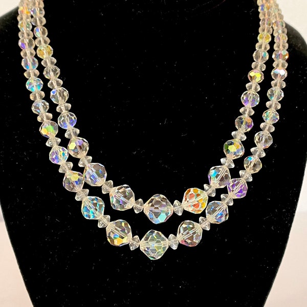 Vintage Crystal Beaded Necklace 2 Strands Faceted Glass Beads Wedding Bridal Choker 1950s - 1960s Antique Estate Jewelry Gift