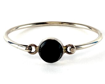 Vintage Mexican Onyx Bracelet Sterling Silver Mexico Hinged Black Gemstone Stacking Bangle Antique Estate Jewelry Gift for Her