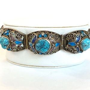 Vintage Sterling Silver Blue Enamel Chinese Export Bracelet Chunky ...