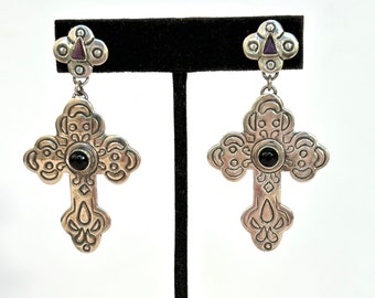 Vintage Sterling Silver Cross Earrings Purple Amethyst Gemstone Thai Cross 925 Pierced Earrings Thailand 1980s Boho Estate Jewelry Gift