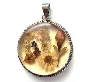 Vintage Mexican Sterling Silver Pendant for Necklace Lucite Floral Dried Flowers 925 Mexico Antique Estate Jewelry Gift for Her