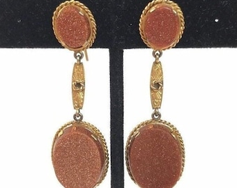 Antique Victorian Goldstone Drop Earrings Vintage Long Brown Stone Earrings Yellow Gold Filled Pierced Dangle Earrings Fine Estate Jewelry