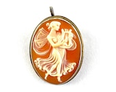 Vintage Carved Shell Cameo 900 Silver Pendant Brooch Pin 1 of 3 Graces Woman Angel w Harp Romantic Antique Estate Jewelry Gift for Her