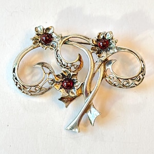 Vintage Sterling Silver Red Garnet Brooch Floral Flowers Filigree Ribbon Pin Antique Estate Jewelry Gift for Her