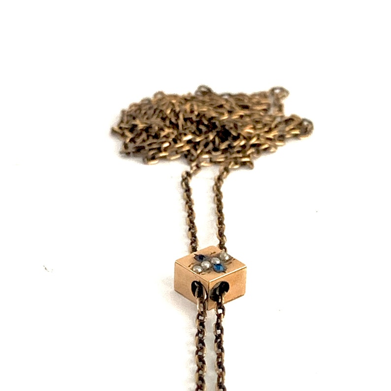 Antique Victorian Slide Chain Necklace Pearl & Blue Stone Gold Etsy