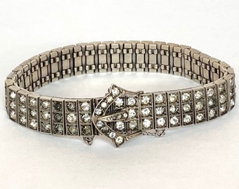 Antique Diamonbar Sterling Silver Buckle Bracelet Vintage Art Deco Wide Clear Paste Rhinestone Bracelet 1920s Wachenheimer Estate Jewelry