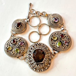 Sterling Silver Multi Gemstone Bracelet Smoky Quartz Red Garnet Green Peridot Yellow Citrine Purple Amethyst Boho Statement Estate Jewelry