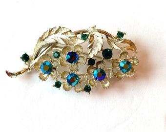 Vintage Lisner Rhinestone Brooch 1960s Blue Green Aurora Borealis Flower Wedding Bridal Boquet Pin Antique Estate Jewelry Birthday Gift