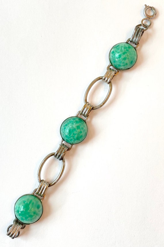 Vintage Art Deco Green Peking Glass Bracelet Czec… - image 9
