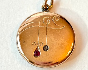 Antique Art Deco 14K Rose Gold Filled Pendant Fob for Necklace Vintage Clear & Red Stone Jeweled Round Victorian Edwardian Estate Jewelry