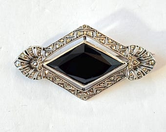Broche Art Déco Vintage En Argent 925 & Onyx Avec Marcassite - Neuf Ancien Stock