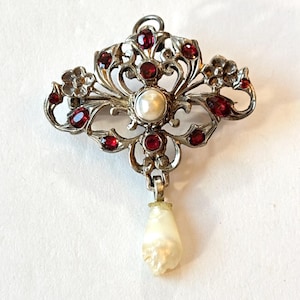 Antique Austro Hungarian Garnet Sterling Silver Pendant Brooch 1800s Victorian Pearl Pin Vintage Art Nouveau Estate Jewelry Romantic Gift