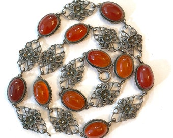 Antique Carnelian Sterling Silver Filigree Necklace Vintage Victorian Italian Cannetille Cornelian 15.5" Choker Edwardian Estate Jewelry