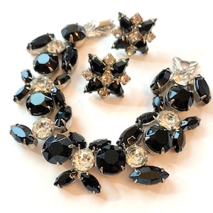 Vintage WEISS Rhinestone Bracelet & Earrings Set Black and Clear Demi Parure Silver Rhodium 1950s Designer Signed Antique Estate Jewelry