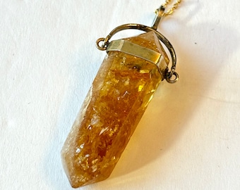 Vintage Yellow Citrine Quartz Pendant Necklace Vermeil Sterling Silver Natural Gemstone Crystal Point Boho Hippie 1970s Gift for Her