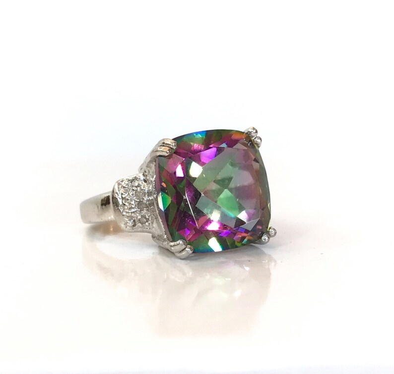 NATURAL Mystic Topaz Diamond Sterling Silver Ring Large Cushion Cut Gemstone Anniversary Ring Size 4 Birthday Gift for Her Estate Jewelry