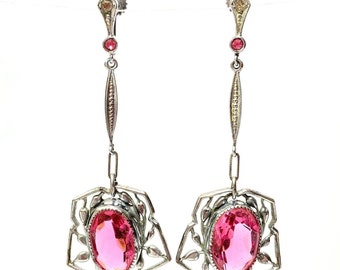 Vintage Pink Glass Dangle Earrings Art Deco Long Silver Pink Stone Drop Bridal Wedding Earrings Antique Estate Jewelry Gift for Women