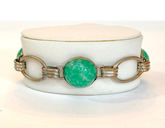 Vintage Art Deco Green Peking Glass Bracelet Czec… - image 3