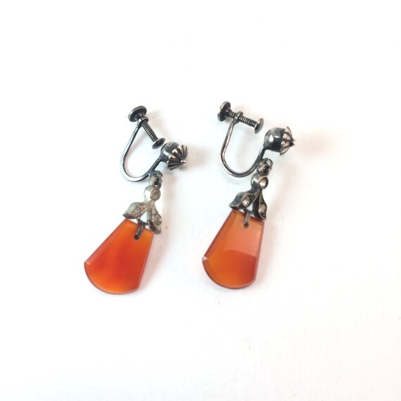 Vintage Art Deco Carnelian Paste Dangle Earrings F