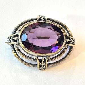 Antique Victorian Purple Stone Brooch Edwardian Faceted Amethyst Glass Pin 1910-1920 Vintage Estate Jewelry Gift for Her