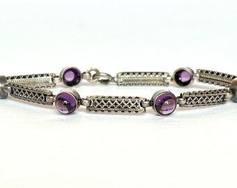 Vintage Sterling Silver Filigree Bracelet Art Deco Purple Amethyst Bullet Glass Bracelet 1930s Antique Estate Jewelry Gift for Her