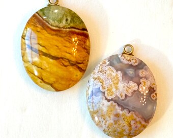 Vintage Agate Gemstone Pendant for Necklace 1980s Hippie Boho Brown Green & Gray Gold Stone Pair Pendants Estate Jewelry Making Gift for Her