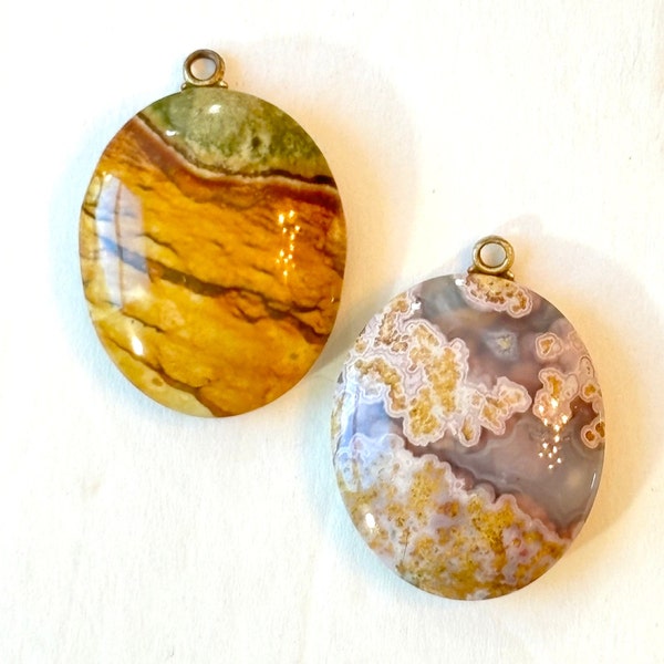 Vintage Agate Gemstone Pendant for Necklace 1980s Hippie Boho Brown Green & Gray Gold Stone Pair Pendants Estate Jewelry Making Gift for Her