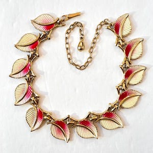Vintage Enamel Leaf Necklace Red & Cream Leaves Mid Century 1950s 1960s MCM Choker Gold Antique Estate Jewelry Gift for Her
