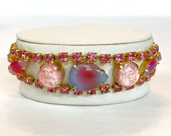 Vintage Pink Rhinestone Bracelet Coro Art Glass Stones 1940s 1950s Mid Century Old Hollywood Antique Estate Jewelry Holiday Gift Idea