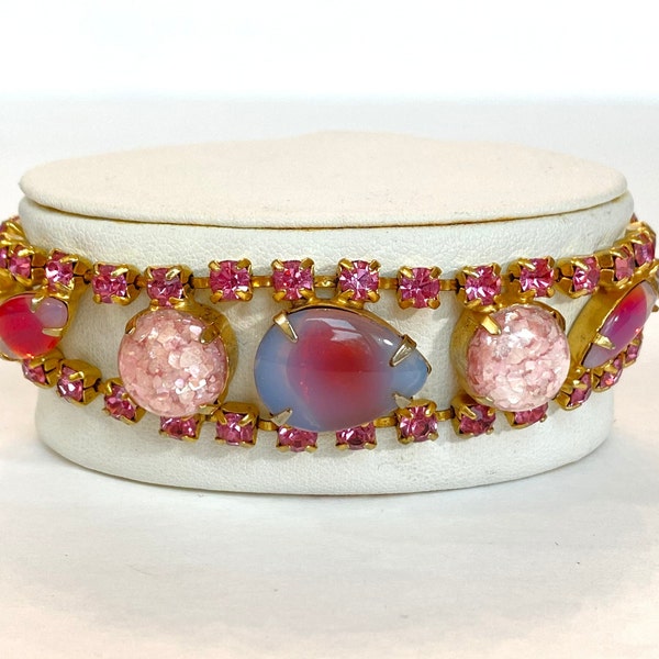 Vintage Pink Rhinestone Bracelet Coro Art Glass Stones 1940s 1950s Mid Century Old Hollywood Antique Estate Jewelry Holiday Gift Idea
