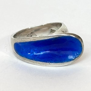 Vintage Sterling Silver Blue Enamel Ring Mid Century Modernist Boho Hippie 925 Statement Ring Size 7 Antique Estate Jewelry Gift for Her
