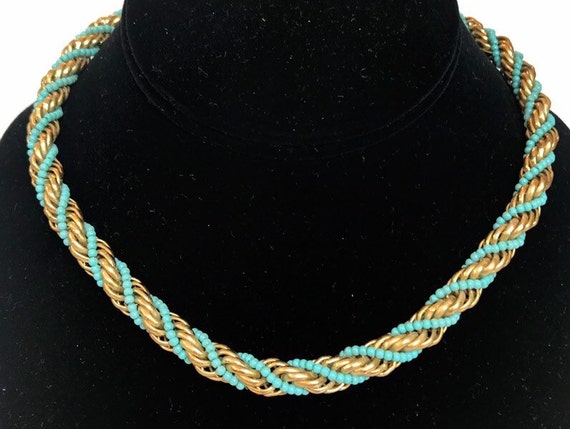 Vintage 1960s Turquoise Glass Necklace Modernist … - image 1
