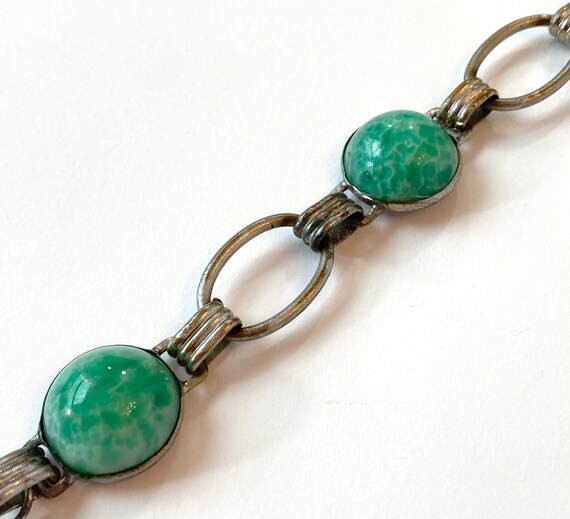 Vintage Art Deco Green Peking Glass Bracelet Czec… - image 4