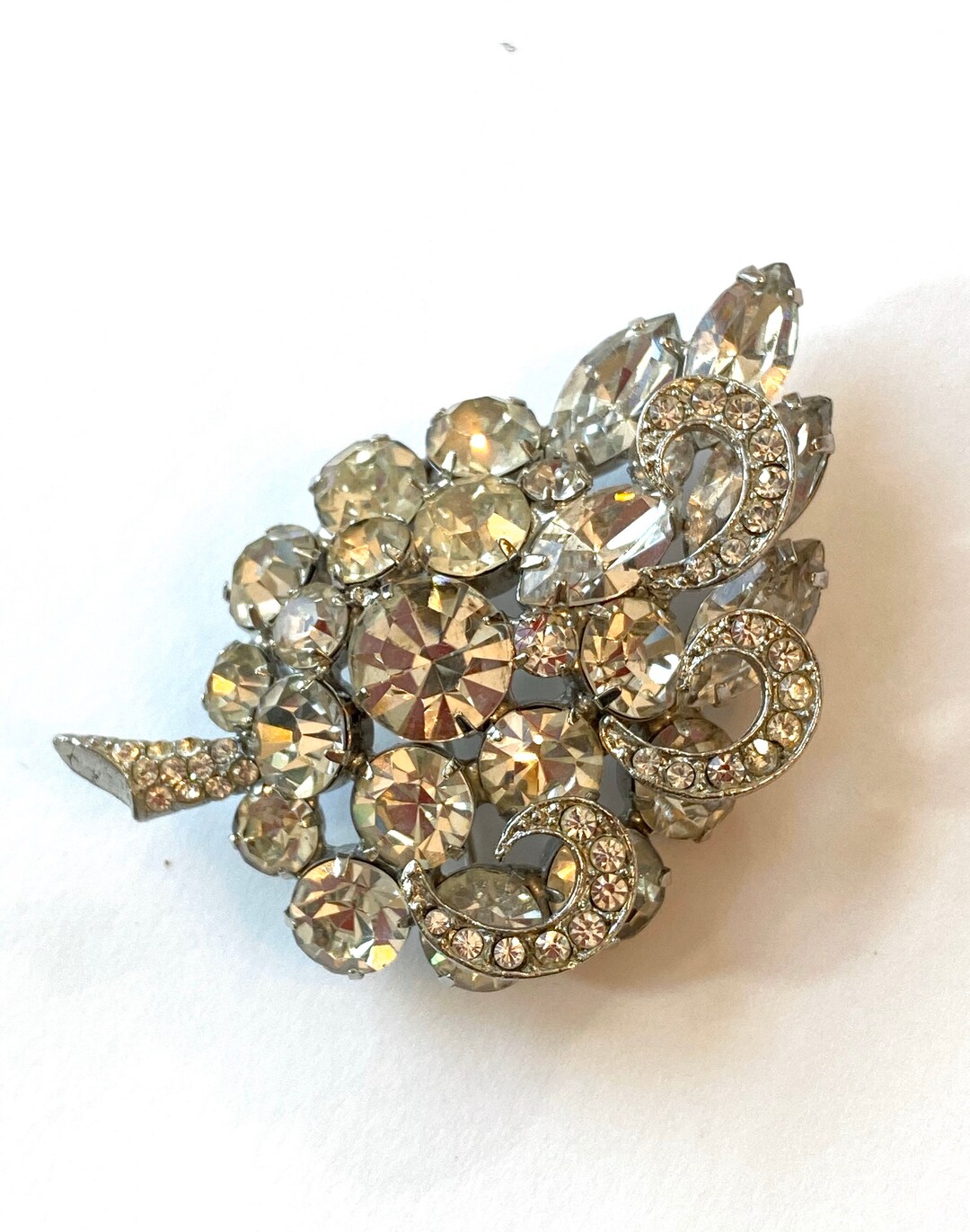Vintage Clear Rhinestone Brooch Silver Rhodium Crystal Wedding 