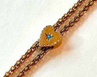 Vintage Turquoise Heart Slide Chain Necklace Antique Victorian Gold Filled Pocket Watch Muff Longuard Slider Chain Edwardian Estate Jewelry