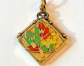 Antique Enamel Watch Fob Gold Filled MWA Vintage Modern Woodmen of America Enameled Maple Leaf Charm Medal Pendant Fraternal Estate Jewelry