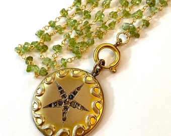 Vintage Victorian Star Photo Locket Cover Necklace Gold Filled Rhinestone Paste Green Peridot Beaded Chain Repurpose Antique Estate Jewelry