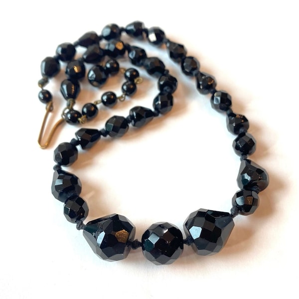 Vintage Black Cut Glass Bead Necklace Knotted Beaded Choker West Germany C. 1940s-1950s Formal Wedding Antique Estate Jewelry