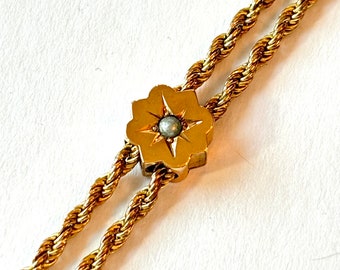 Vintage Victorian Slide Chain Necklace Antique Gold Filled Pearl Flower Lorgnette Pocket Watch Muff Guard Chain Edwardian Estate Jewelry