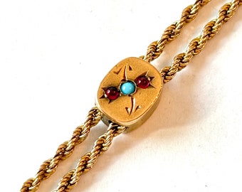 Vintage Victorian Slide Chain Necklace Antique Gold Filled Pearl Turquoise Pocket Watch Muff Longuard Chain 1900 Edwardian Estate Jewelry