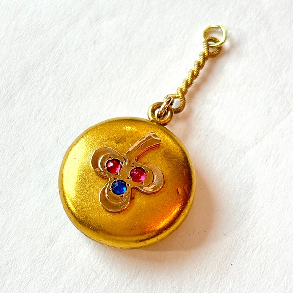 Antique Victorian Gold Filled Fob Charm for Pendant Necklace Vintage Red & Blue Jeweled Shamrock Edwardian Estate Jewelry Gift for Her