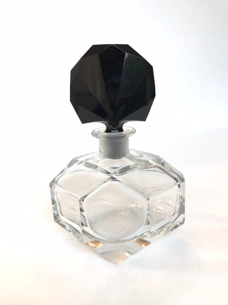 Vintage Czech Glass Perfume Bottle Antique Art Deco Signed Hand Cut Black & Clear 1920s Vanity Dresser Perfume Bottle Gift for Her