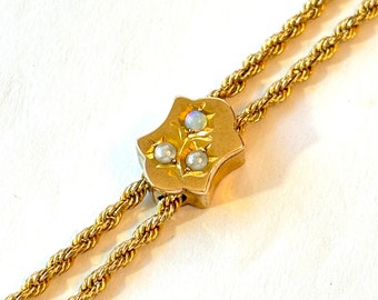 Vintage OPAL Slide Chain Necklace Victorian Pearl Gold Filled Pocket Watch Chain Long Guard Muff Chain 1900 Edwardian Antique Estate Jewelry