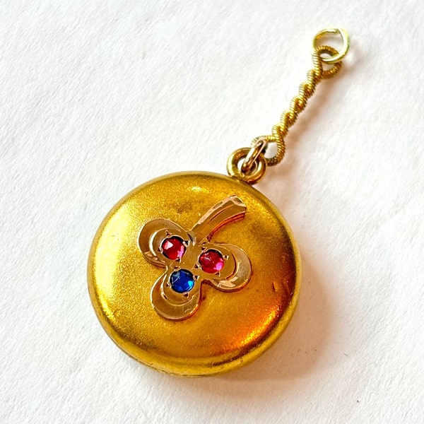 Antique Victorian Gold Filled Fob Charm for Pendant Necklace Vintage Red & Blue Jeweled Shamrock Edwardian Estate Jewelry Gift for Her