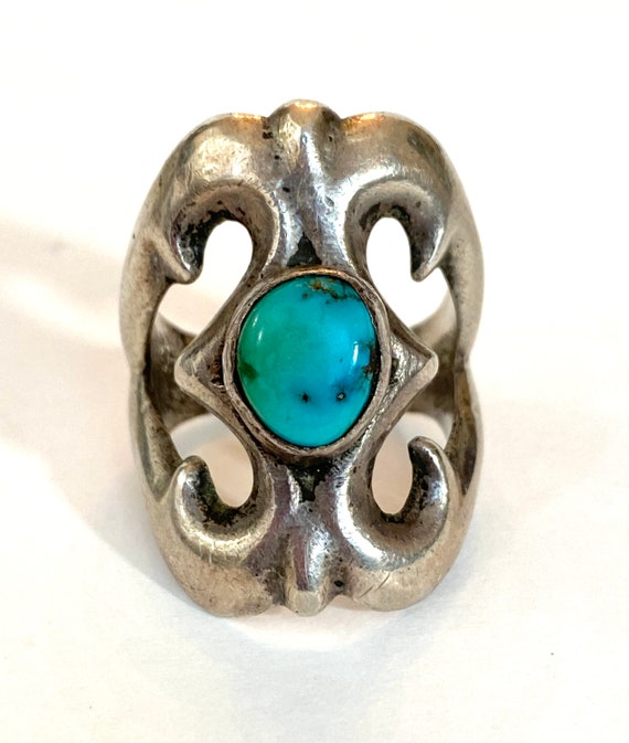 Vintage NAVAJO Turquoise Ring Sand Cast Sterling … - image 1