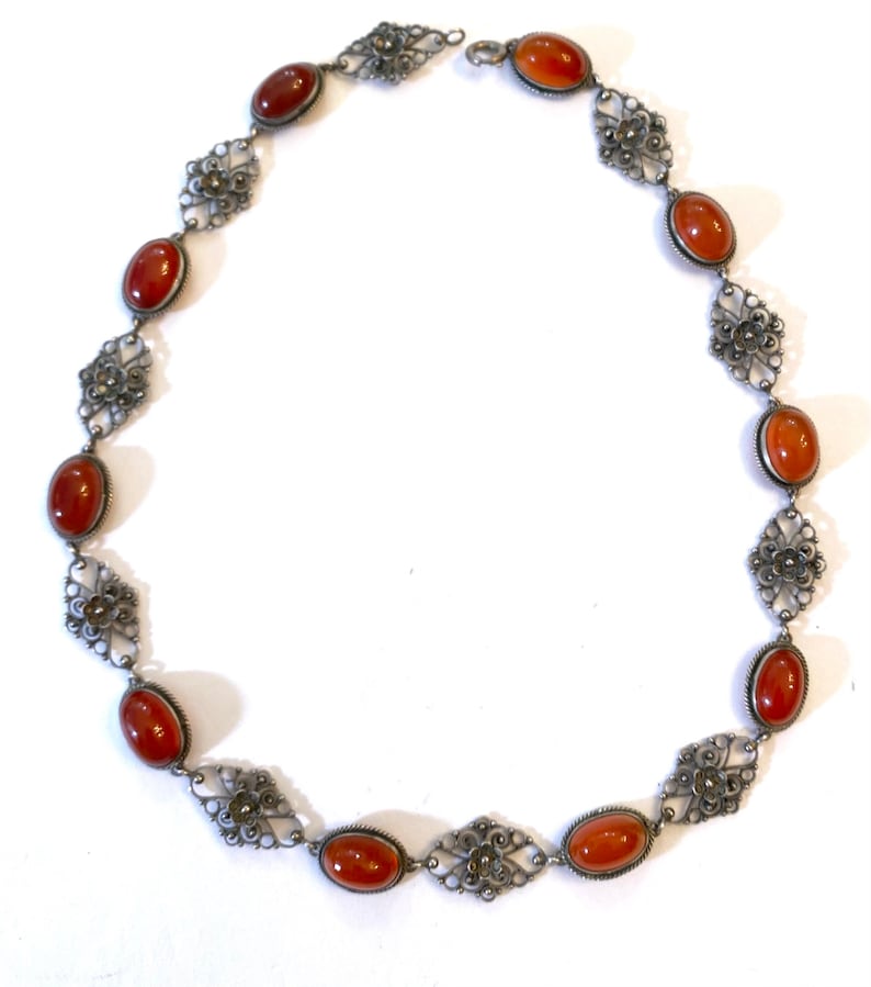 Antique Carnelian Sterling Silver Filigree Necklace Vintage Victorian Italian Cannetille Cornelian 15.5 Choker Edwardian Estate Jewelry
