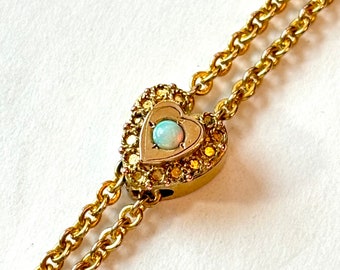 Vintage OPAL Heart Slide Chain Necklace Antique Victorian Gold Filled Pocket Watch Chain Muff Guard Slider 1900 Edwardian Estate Jewelry