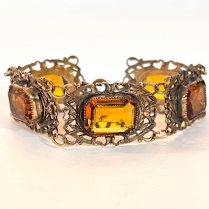 Vintage Czech Topaz Glass Bracelet Art Deco Open Back Stones Embossed Filigree Ornate Links 1930s Antique Estate Fall Jewelry Gift for Her