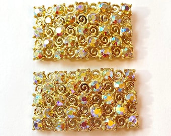 Vintage Rhinestone Shoe Clips Wedding Bridal Aurora Borealis Gold 1960s Mid Century Antique Estate Jewelry